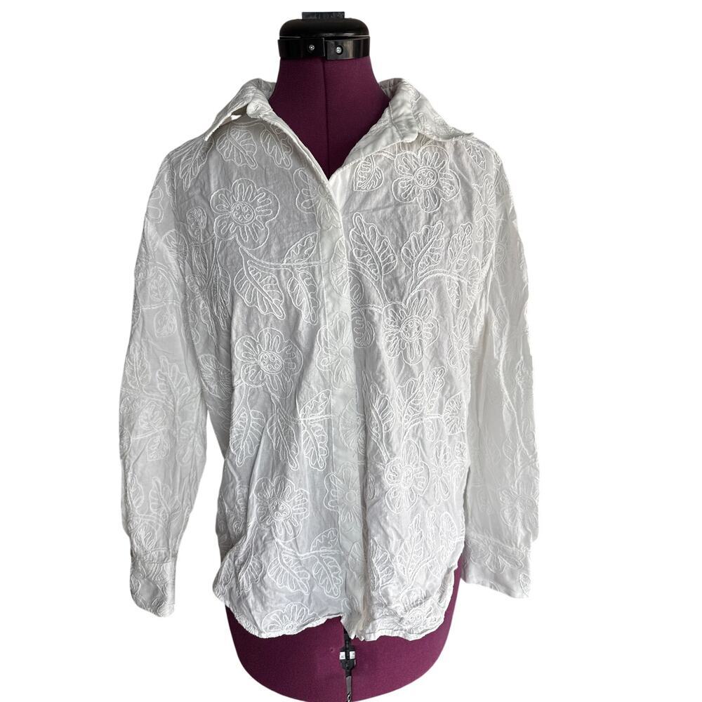 Zara Women’s Embroidered Boho Button Down White Shirt Size Small
